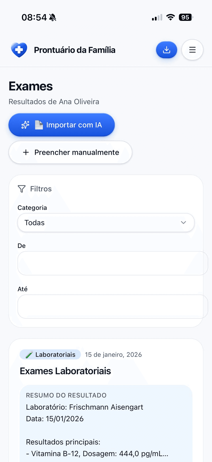 Tela de exames do app com importação por IA
