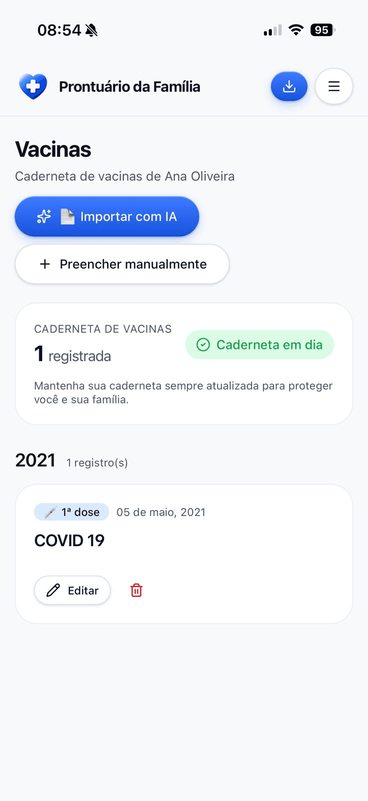Tela de vacinas do app com caderneta em dia